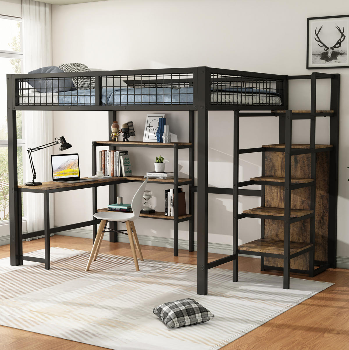 HOCHBETT 140/200 cm Schwarz mit Schreibtisch und Stauraum - Schwarz, Metall (140/200cm) - MIVRAY