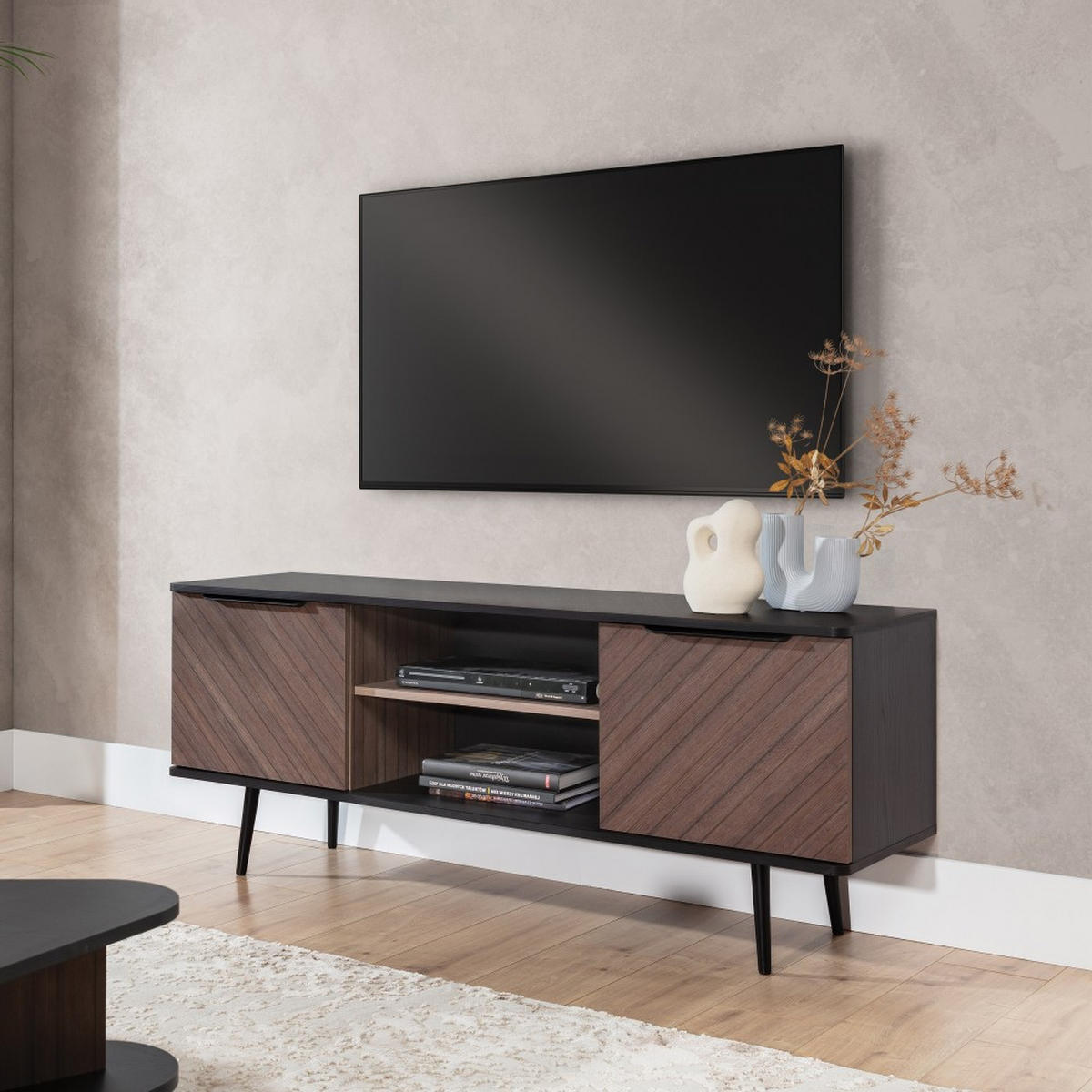 LOWBOARD Parini mit 2 Türen, mit Metallbeine, Graphitschwarz/Captains Deck - Eichefarben, Holzwerkstoff/Metall (150/60/41cm) - Beautysofa