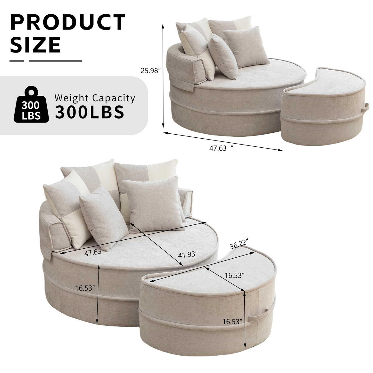 SOFA Chenille Grau mit Kissen und Ottomane - Grau, Textil (163/66/121cm) - WISHDOR