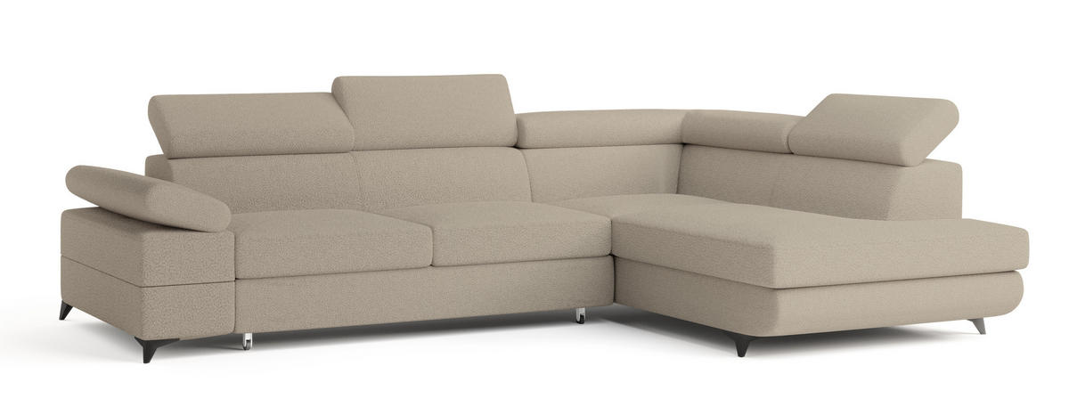 ECKSOFA FAVIEN R-S Beige Boucle-Stoff mit Schlaffunktion - Beige, Holz (257/190cm) - MASSENO
