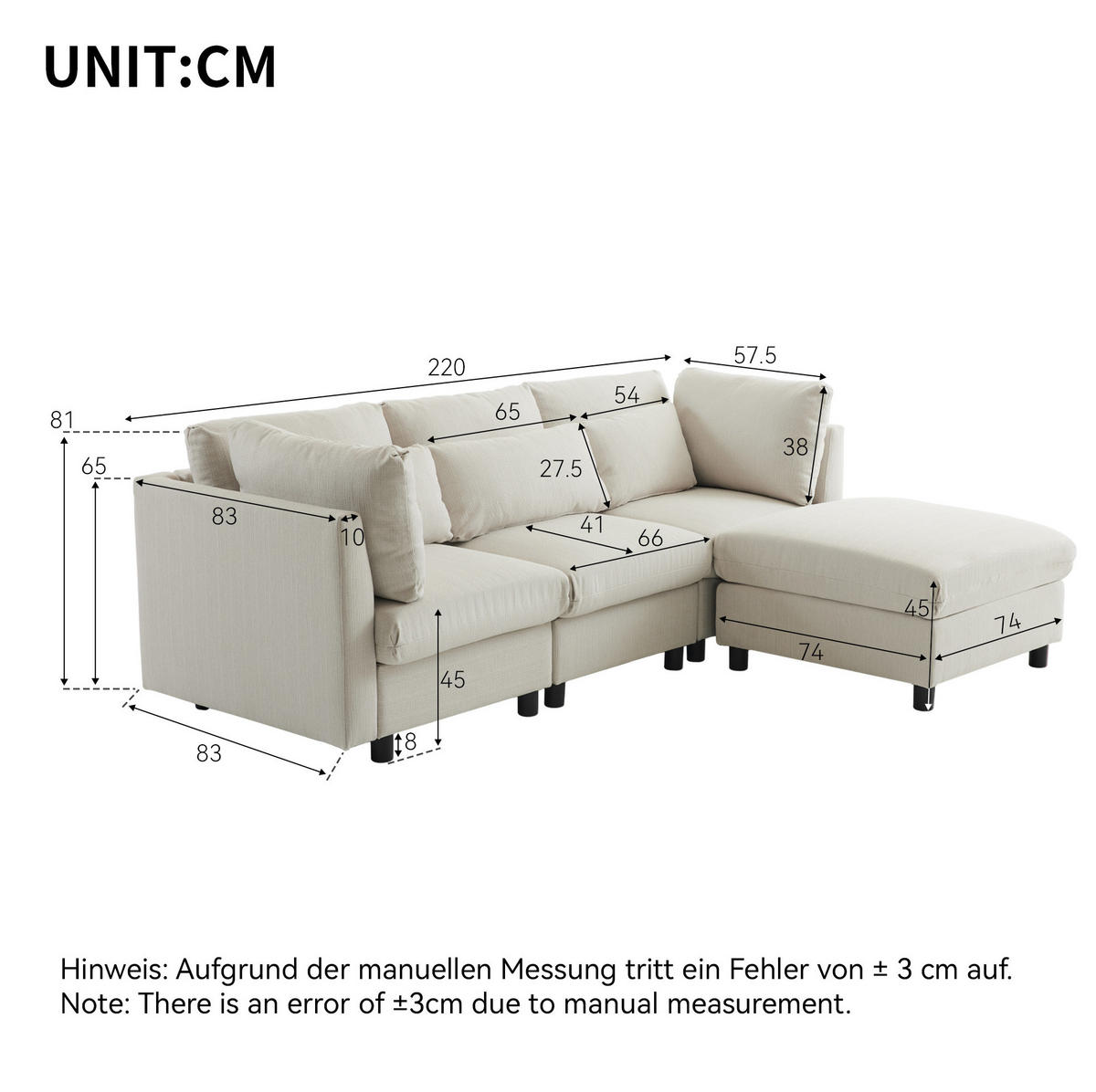 ECKSOFA Leinenstoff mit Fußhocker und Kissen 220/83/81 cm Beige - Beige, Textil (81/83cm) - Redom