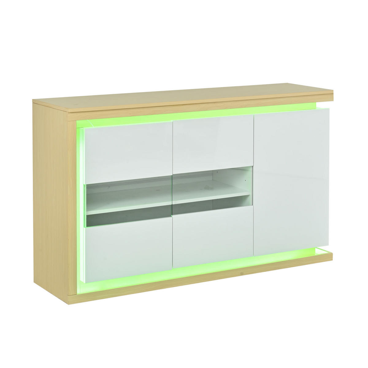 SIDEBOARD mit 3 Türen, LED-Beleuchtung & Glastüren, Mehrfachfächer, Hochglanz Weiß, Holzwerkstoff/Glas - Weiß/Naturfarben, Glas/Holzwerkstoff (140/84/40cm) - EVRYAE
