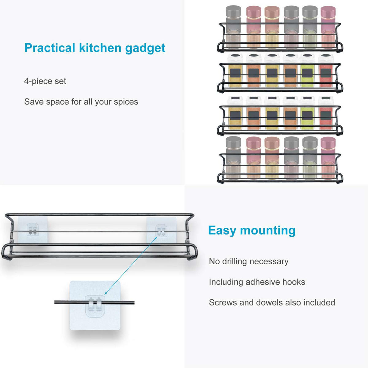 GEWÜRZREGAL-Set mit selbstklebenden Haken - Schwarz, Metall (6.2/6.8/29.2cm) - Intirilife