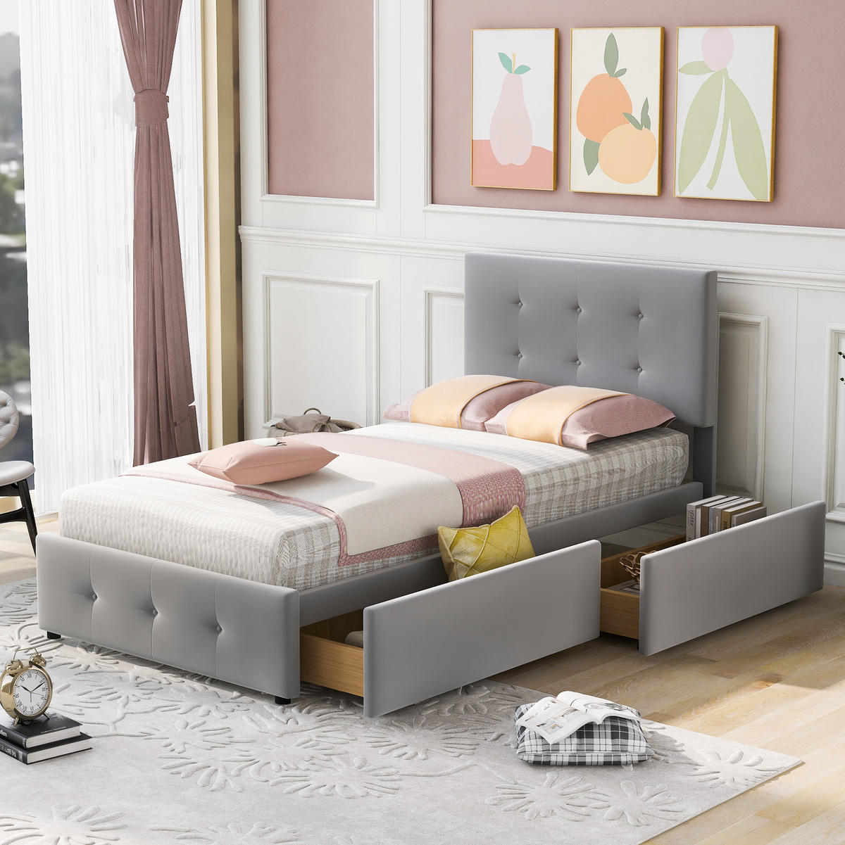 POLSTERBETT 90/200 cm Grau aus Samt mit Schublade und Lattenrost - Grau, Textil (90/200cm) - OKMYHOME