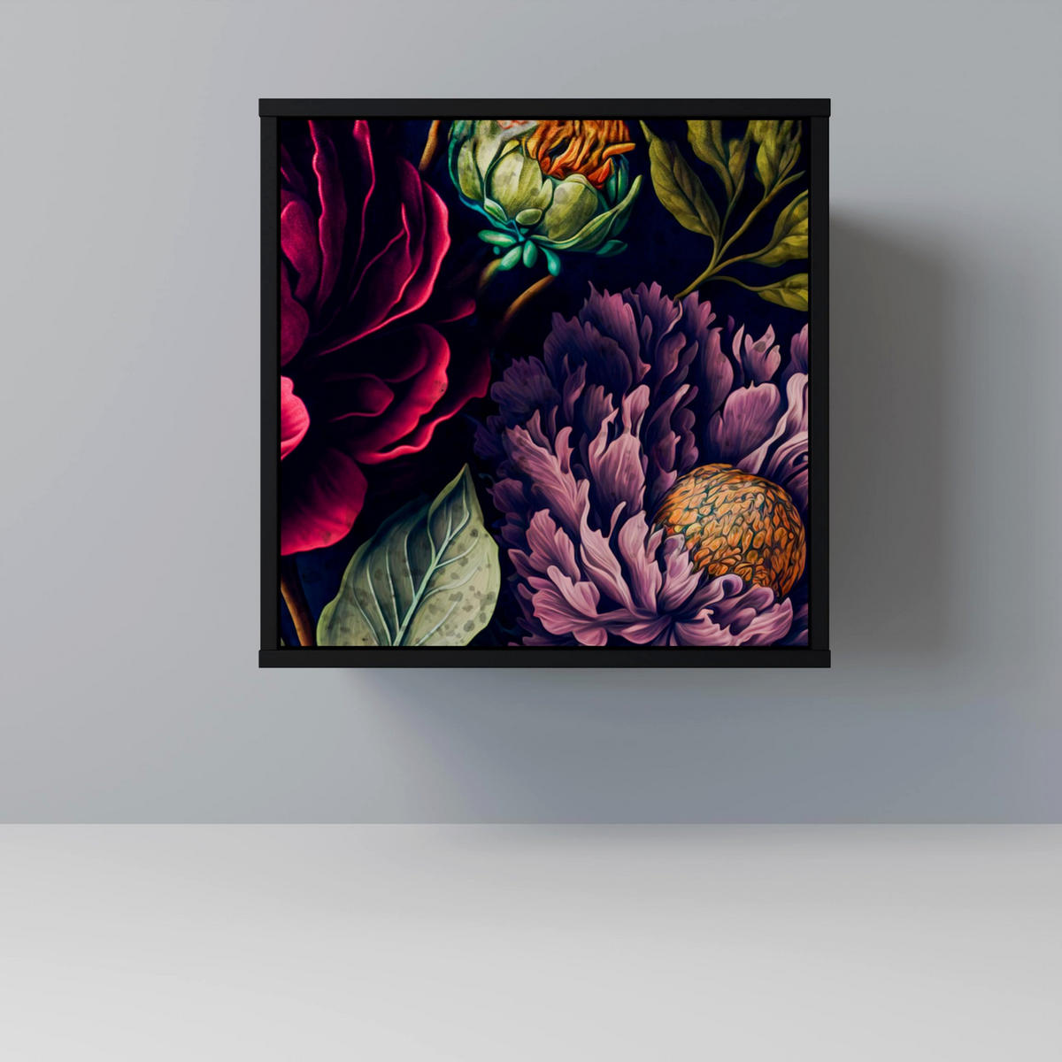 SIDEBOARD BLOOMING ELEGANCE, Schwarz, 57,5x42x75,5 cm, Goldfarbene Metallfüße - Goldfarben/Multicolor, Holzwerkstoff/Metall (57.5/75.5/42cm) - SpaceRebels