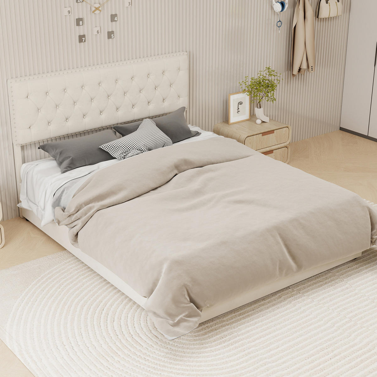 ČALOUNĚNÁ postel 160/200 cm béžová z látky a kovu s vysokým čelem a úložným prostorem - béžová, textil (160/200cm) - OKWISH