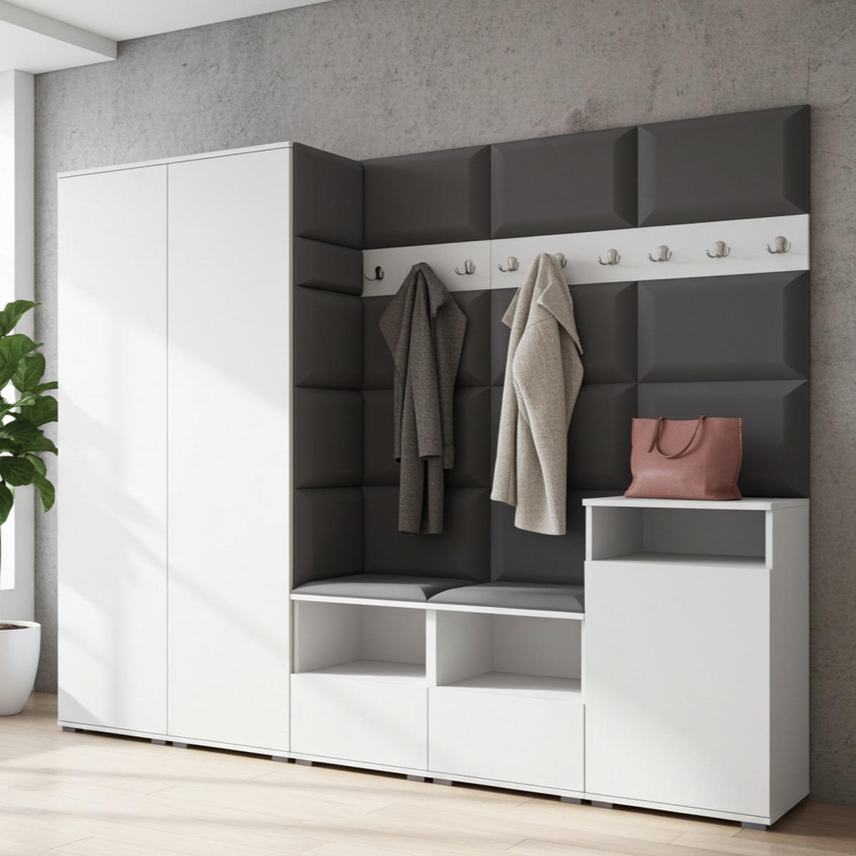GARDEROBE NELA VIII 250 cm (Modulare Flurmöbel Weiß mit Sitzpolster Dunkelgrau 15 2 Schränke + Sideboard) - Dunkelgrau/Silberfarben, Holz/Holzwerkstoff (250/187/40cm) - Ravio