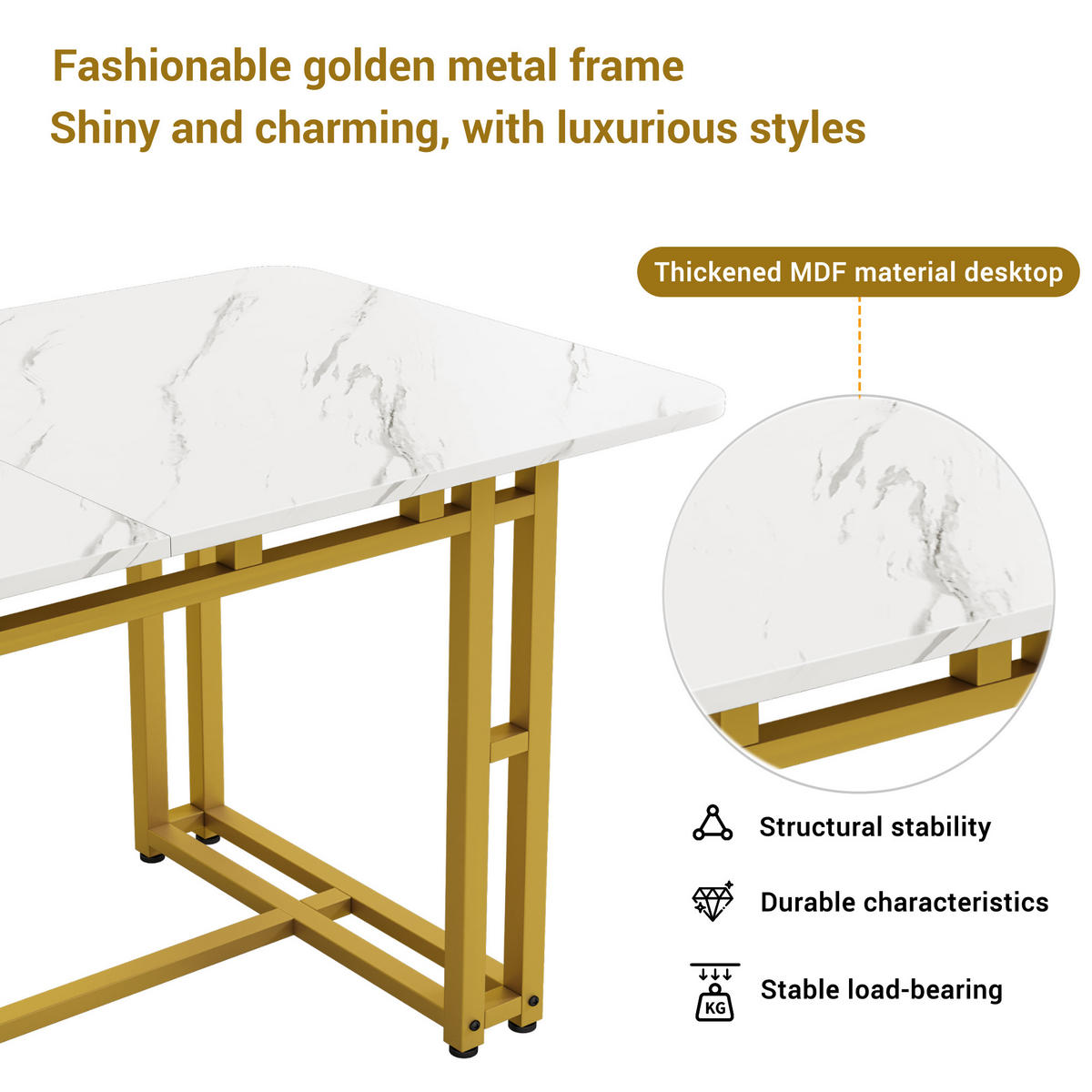 LUXUS-ESSTISCH mit Weiß-Gold-Finish, goldfarbenen Metallbeinen und MDF-Tischplatte für Ess- und Wohnraum, weiß-gold - Weiß, Holzwerkstoff (120/70/74cm) - Luhomfu