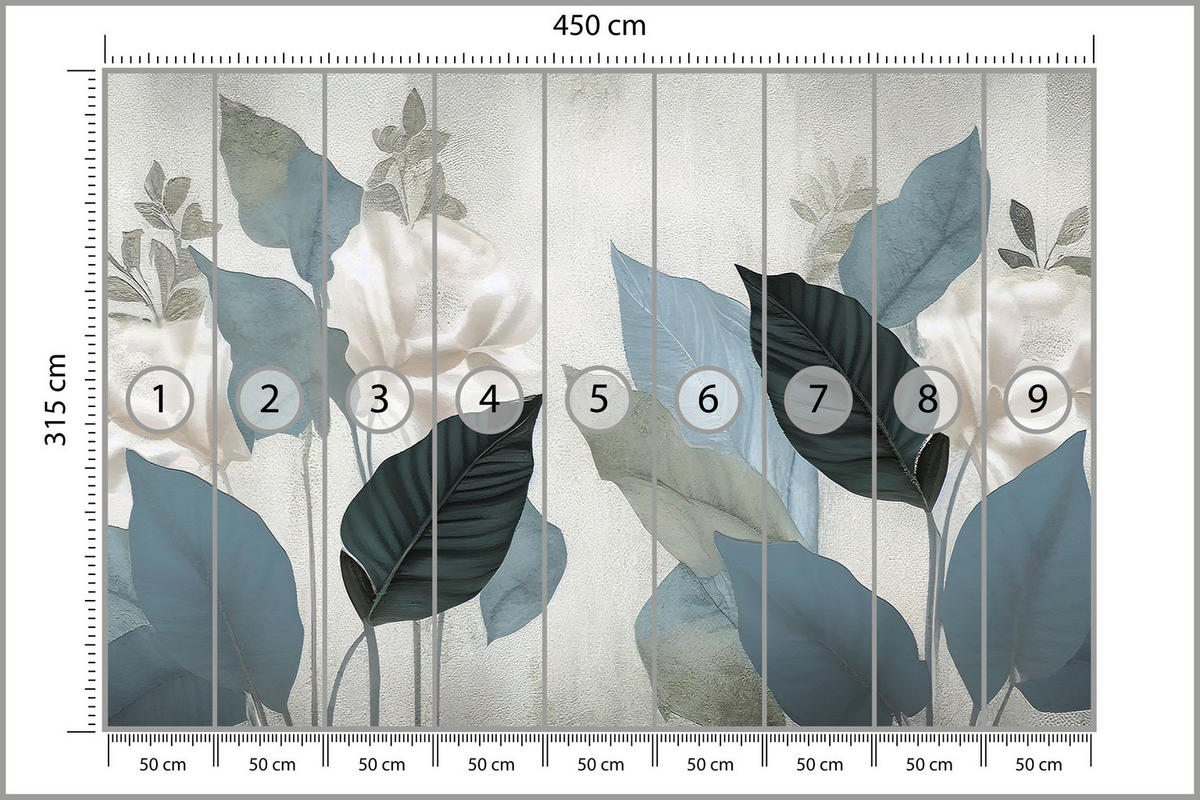 FOTOTAPETA Pre Obývaciu Izbu Modré Listy Betón Vintage Minimalistická 450 x 315 cm - sivá, papier (450/315cm) - Muralo