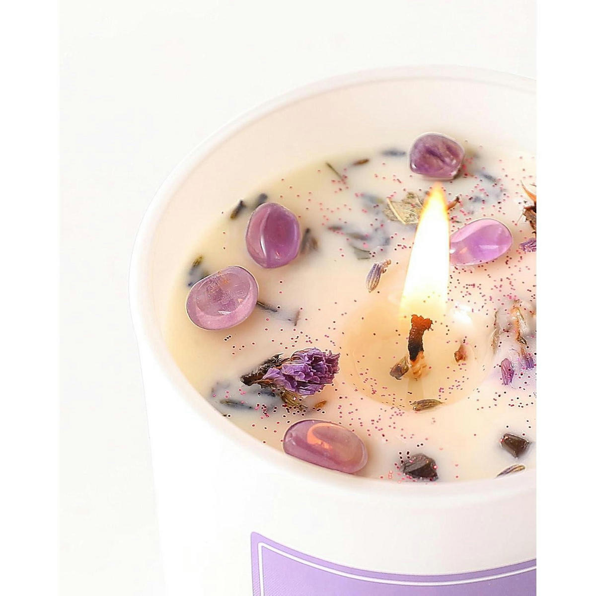 DUFTKERZE Lavendel mit Kristallen und Trockenblumen, 280g - Weiß, Paraffin (8cm)