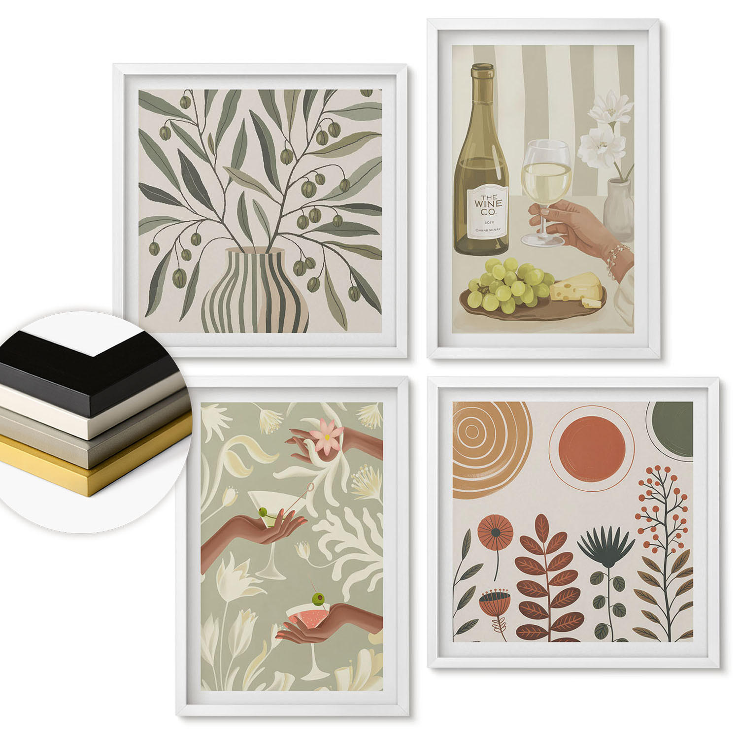 WANDBILDER 4er-Set - 50x50 cm & 40x60 cm Weißer Rahmen - Rustikale Cocktails mit Olivenblüten - Weiß, Kunststoff (50/50cm) - ArtPrintCave