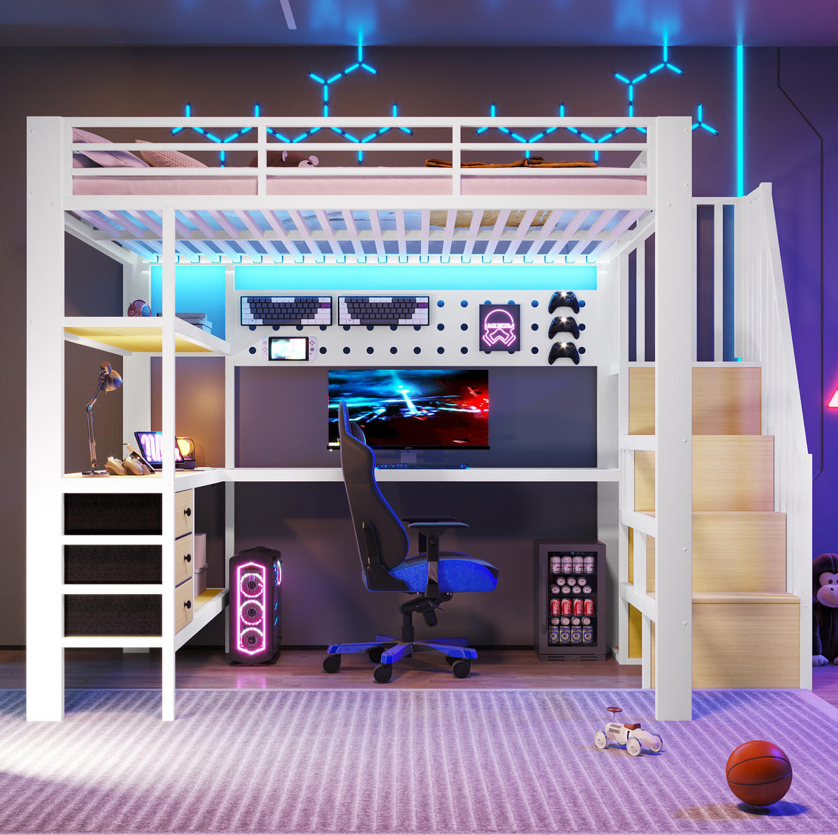 VYSOKÁ posteľ 140/200 cm biela z kovu a MDF s písacím stolom zásuvkami LED osvetlením a zásuvkou - biela, kompozitné drevo (140/200cm) - OKWISH