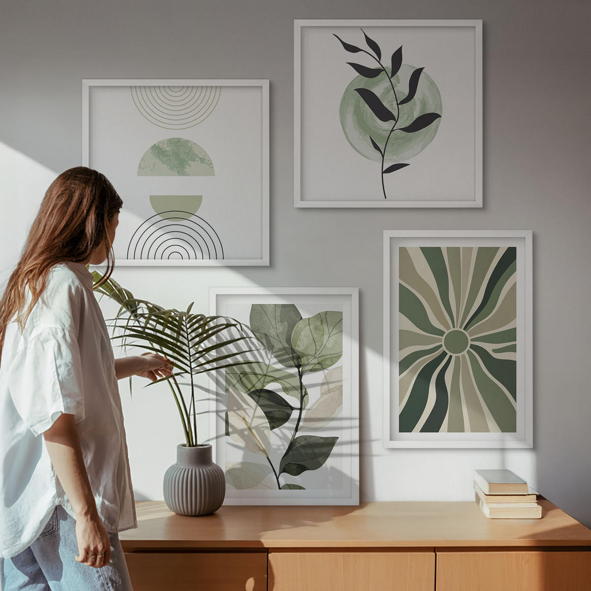 BILDER SET 4er Set - 50x50 cm & 40x60 cm Weißer Rahmen - Geometrische Pflanzenformen - Weiß, Kunststoff (50/50cm) - TULUP
