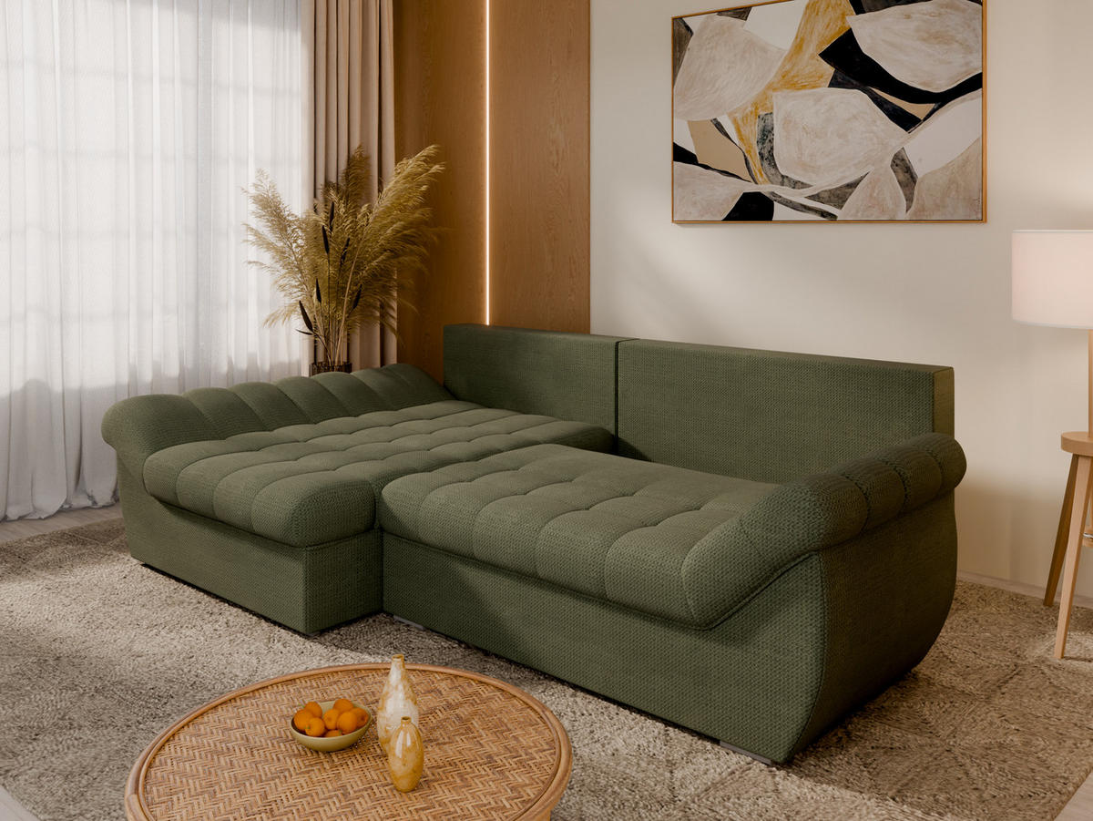 ECKSOFA ZAYA mit Schlaffunktion L-Form, Sofa mit Bettkasten, Wohnzimmersofa, Couch, Soffa, Bettsofa, LINKS-Grün - Grün, Holz (279/175cm) - Homesy