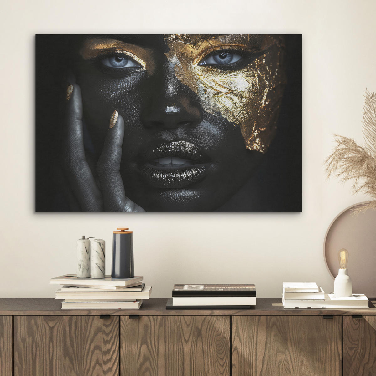 AKUSTIKBILD Frau - Gold - Porträt - Schwarz-Weiß - Luxus Wanddeko 70x50 cm - Hellblau, Kunststoff (70/50/0.9cm) - MuchoWow