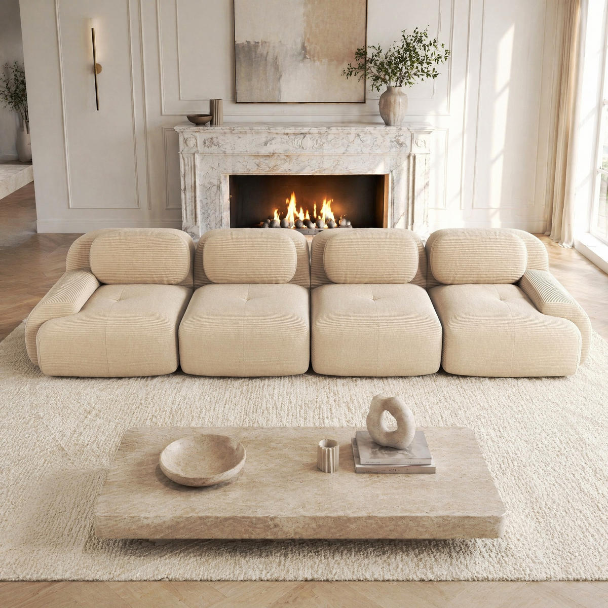 SOFA 388/103/70 cm in Beige aus Cord mit modularer Form und ohne Montage - Beige, Textil (103/70/388cm) - Flora Grace