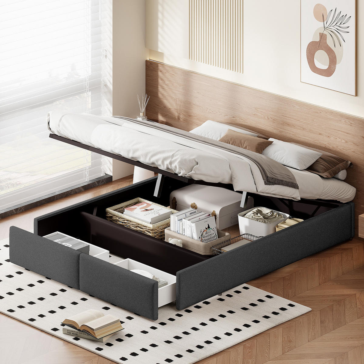 DOPPELBETT 160/200 cm, mit hydraulischem Stauraum und 2 Schubladen, keiner Kopfteil, Grau - Grau, Textil (160/200cm) - Waldena