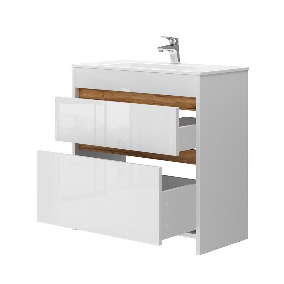 WASCHTISCHKOMBI Detmold, Weiß, 2 Teile, Unterschrank 80 cm - Weiß Hochglanz/Eiche Wotan, Holzwerkstoff (79.8/81.9/40cm) - Vicco