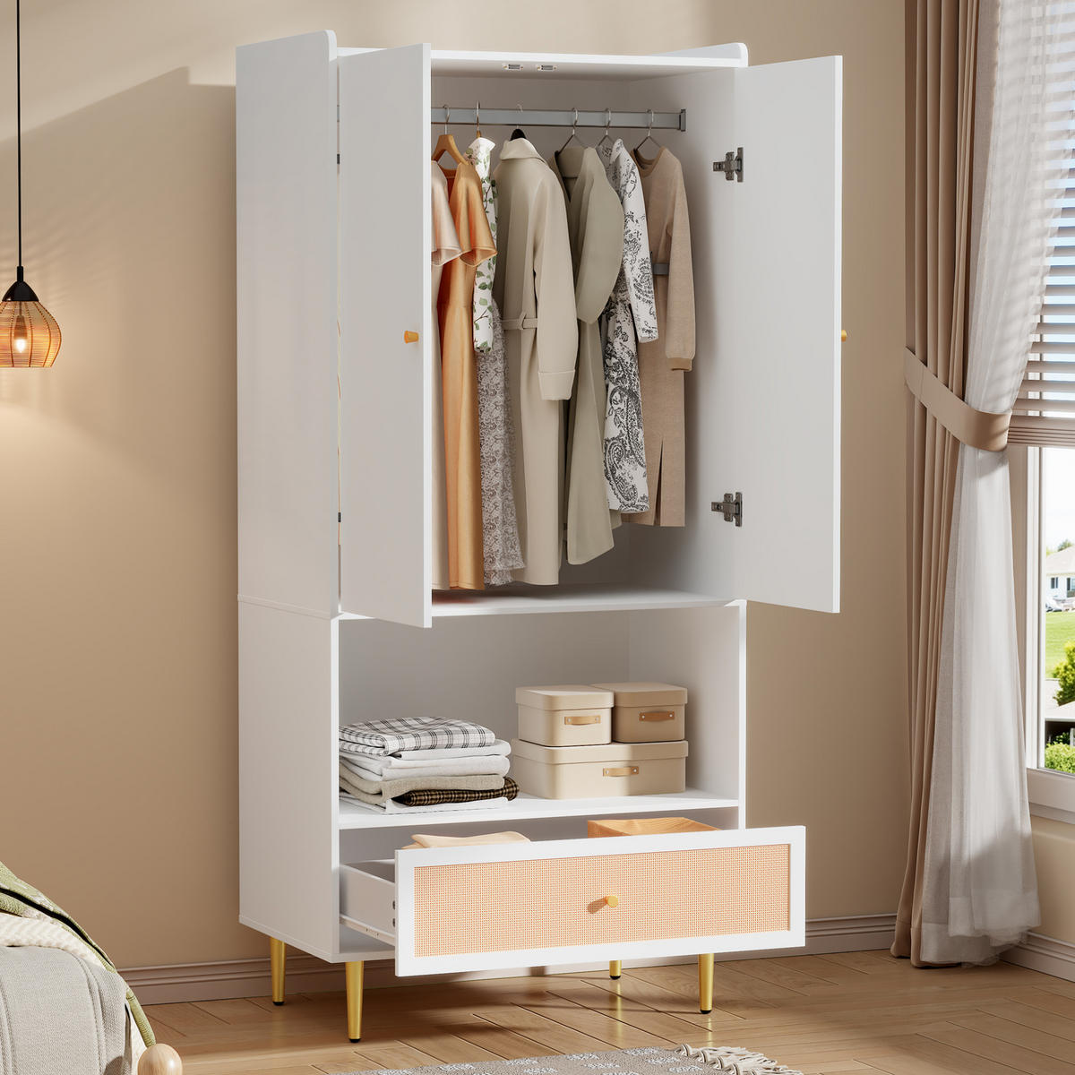 KLEIDERSCHRANK, Spanplatte mit Rattan-Schublade & Kleiderstange, 80/48/175 cm, Weiß/Natur - Weiß, Holzwerkstoff (80/175/48cm) - Redom