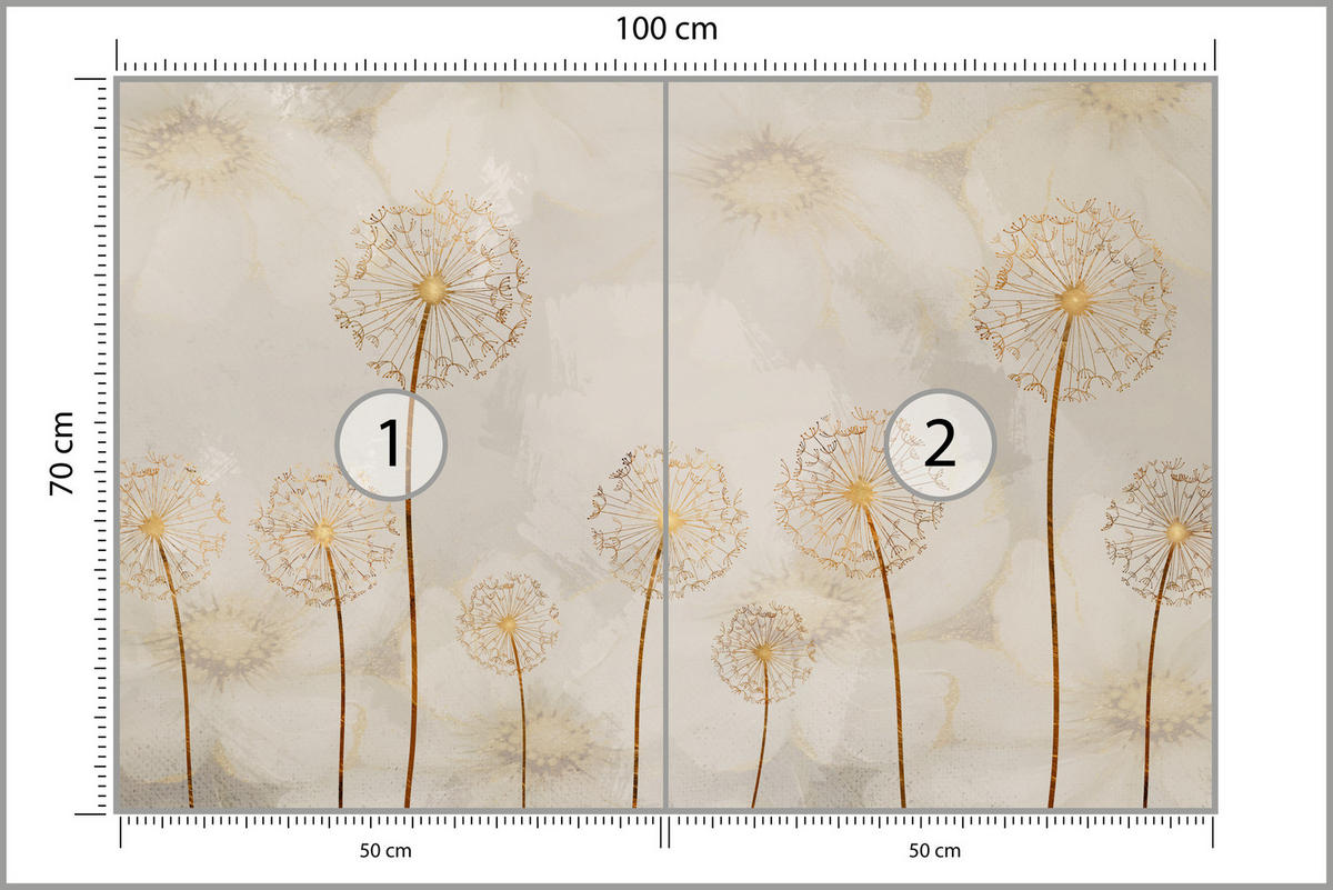 FOTOTAPETE für Schlafzimmer Goldene Löwenzahn Aquarell Blumen 100x70 - Gelb/Beige, Papier (100/70cm) - Muralo