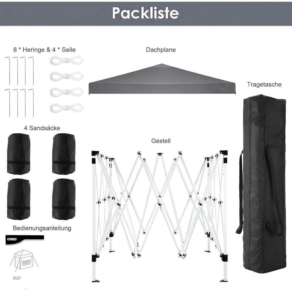 FALTPAVILLON 3x3m Grau Wasserdicht Stabil UV-Schutz - Grau, Textil (300/260/300cm)