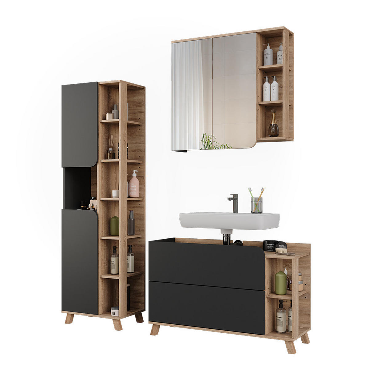 BADMÖBEL-SET Karen Sonoma/Anthrazit 3 Teile - Anthrazit, Holzwerkstoff (100/65/35cm) - Vicco