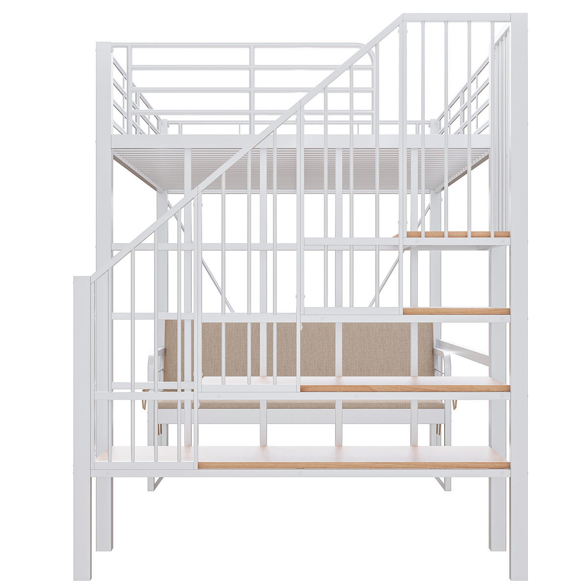 HOCHBETT 140/200 cm DE-01525, in Weiß, mit Polstersofa, Stauraum und Sicherheitstreppe - Weiß, Metall (140/200cm) - ComfortXL
