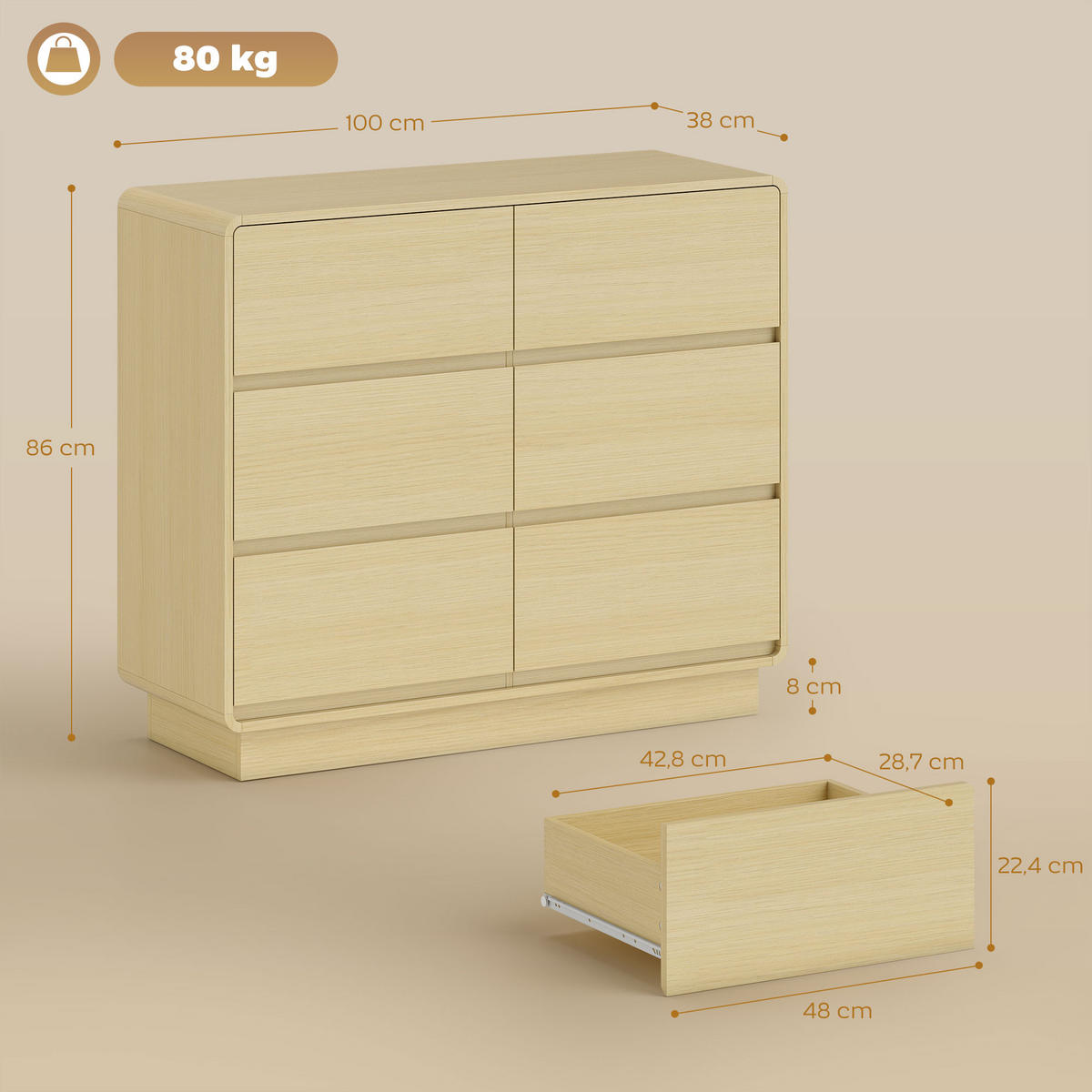 SIDEBOARD, Kommode mit 6 Schubladen, 100 cm Aufbewahrungsschrank Beistellschrank - Naturfarben, Holzwerkstoff (38/86/100cm) - HOMCOM