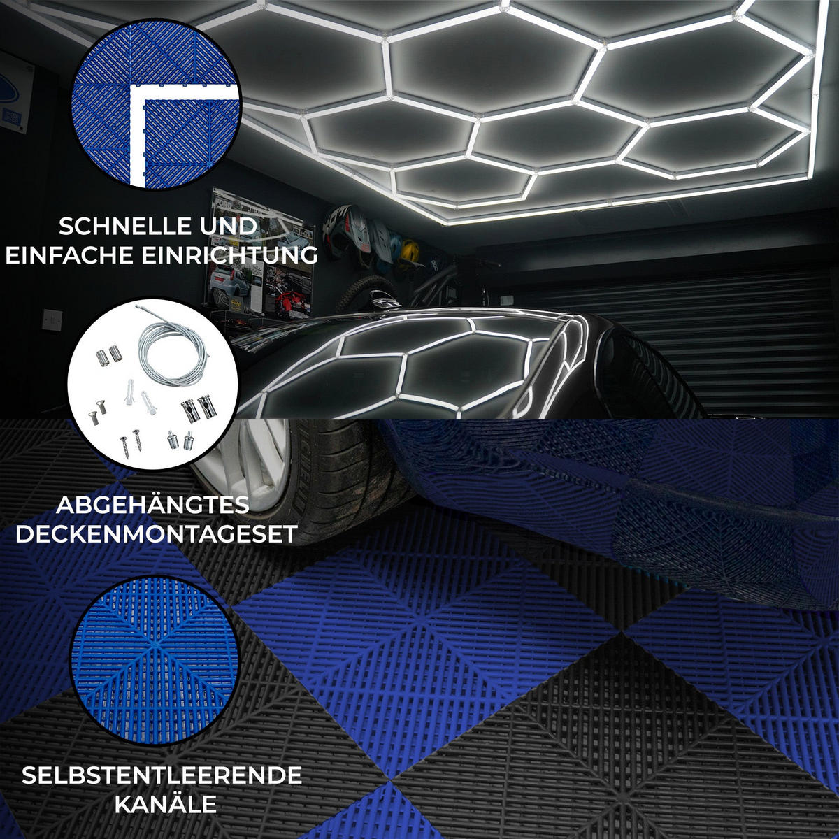 GARAGENBODENFLIESEN Belüftete und sechseckige LED-Leuchten x 120 Schwarz 120 Blau mit Kanten - Schwarz, Kunststoff (40/1.8/40cm)