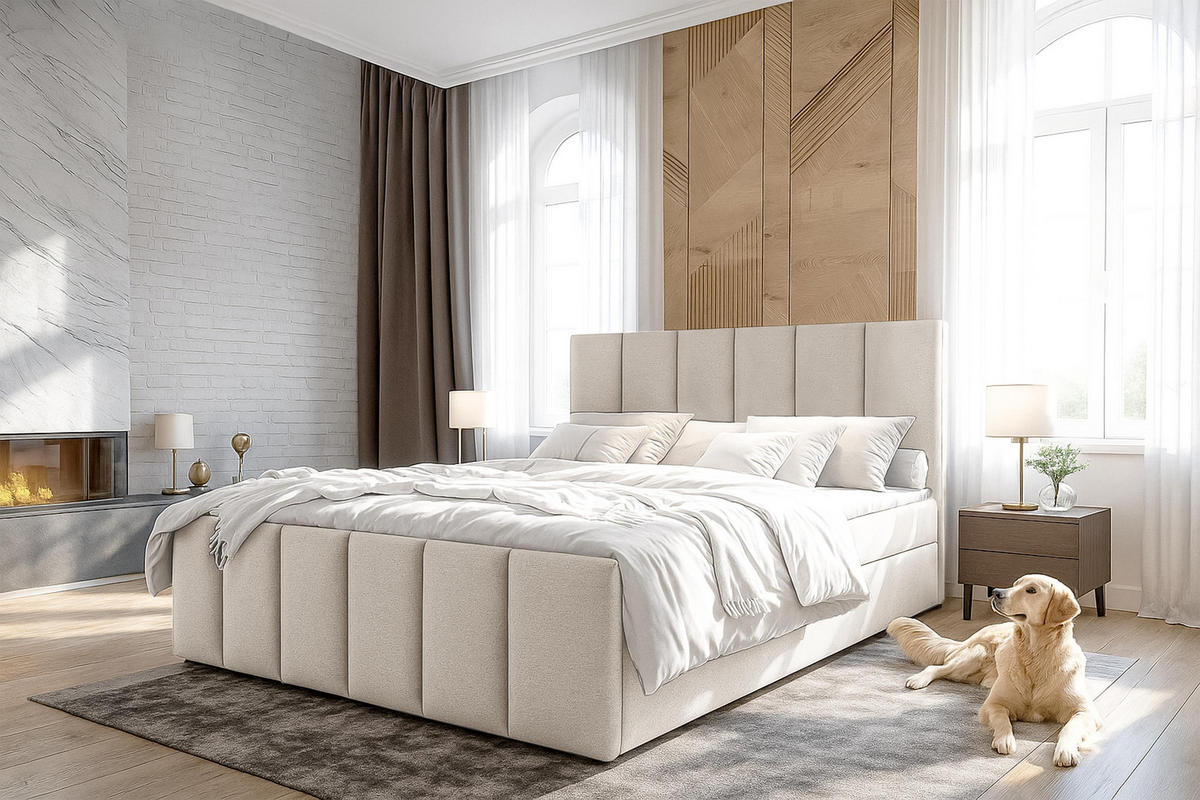 BOXBETT LEVENTE 180x200 cm mit Bettkasten und Matratze - Beige - Beige/Schwarz, Holz/Holzwerkstoff (180/200cm) - AX Living