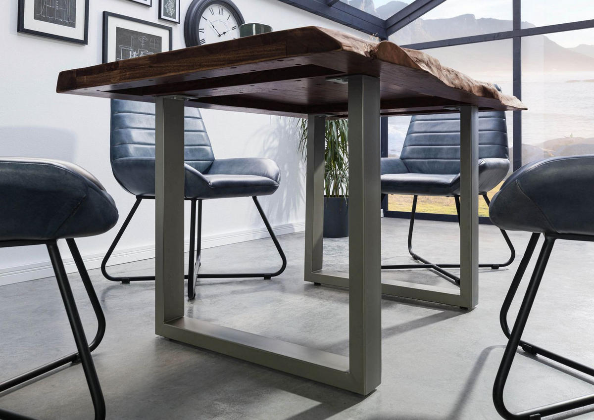 BAUMTISCH Sheesham 140x90x77 grau gebeizt / U-Beine silber matt FREEFORM 5 - Grau, Holz (90/140/77cm) - Massivmoebel24