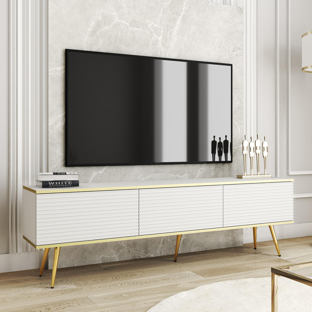TV-BOARD FORNO (Weiß, Rillenfront, Goldene Details, 3 Klapptüren, goldene Metallfüße, 175 cm) - Gelb/Goldfarben, Holz/Holzwerkstoff (175/53/32cm) - Ravio
