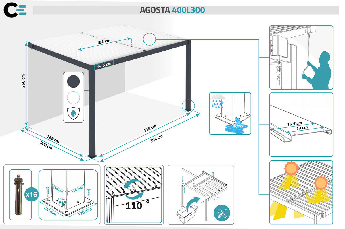 BIOKLIMA-PERGOLA Agosta 4x3m 250 cm hoch an der Wand befestigt Graues Aluminium mit wei - Grau, Metall (394/248/300cm) - Cazeboo