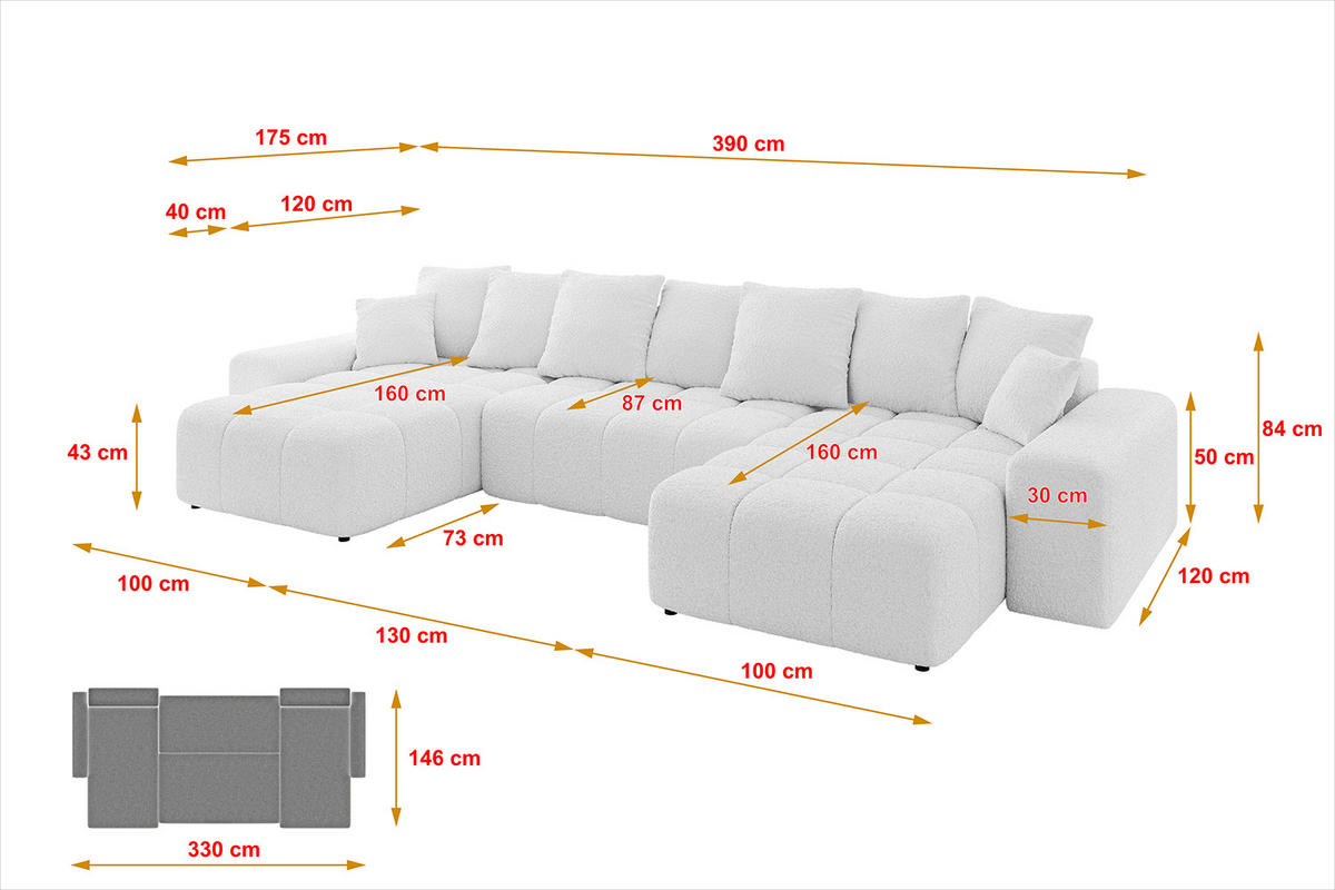 WOHNLANDSCHAFT ENIL-U 390x175x84 Weiß Bouclé - Weiß, Holzwerkstoff/Kunststoff (390/84/175cm) - ALTDECOR