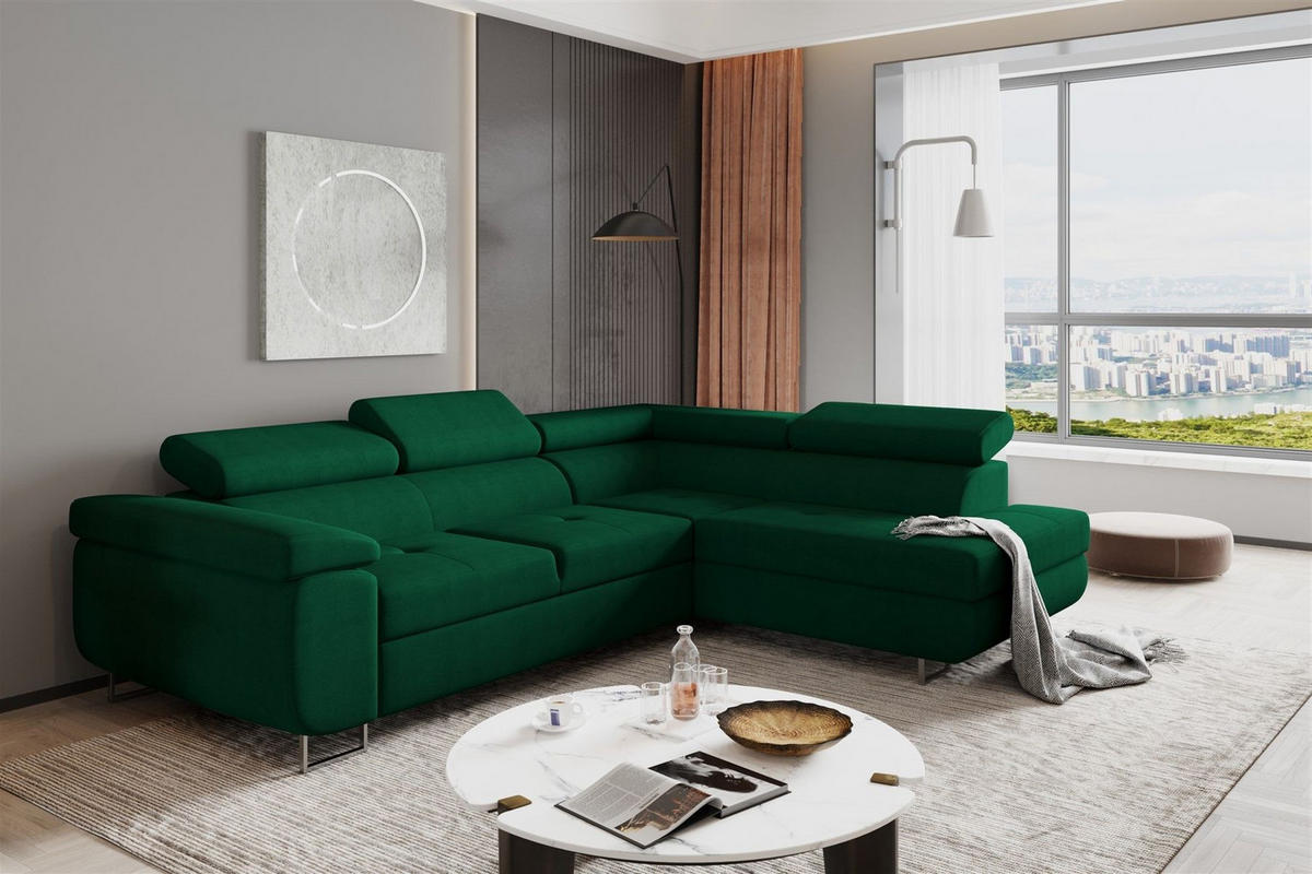 ECKSOFA Jade Mit Schlaffunktion - Dunkelgrün, Holzwerkstoff/Textil (275/202cm) - Fun Möbel