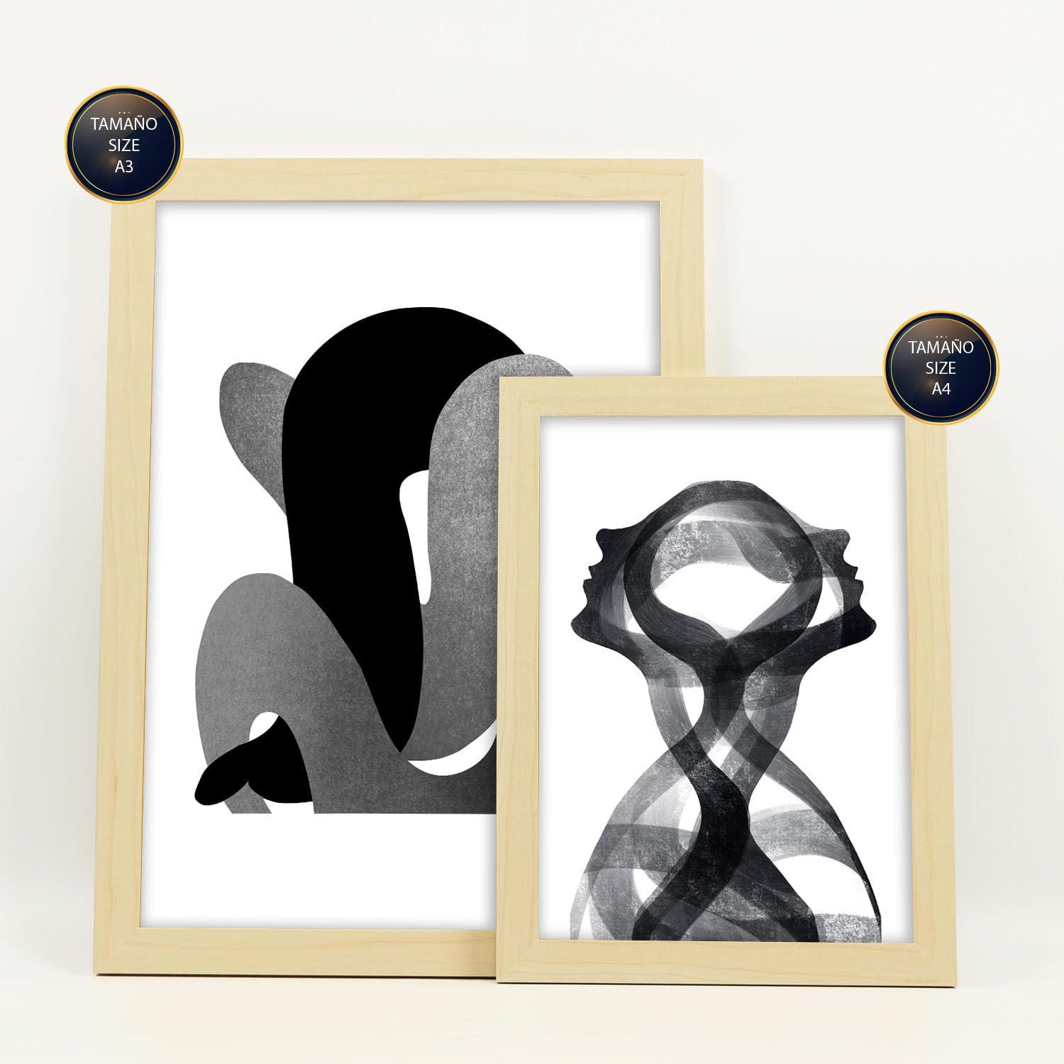 POSTER Set Mit 6 Gebogener Körper In Liebhaber Abstrakt Ästhetische Dekorative Gemälde Für Ihr Wohnzimmer Zuhause A3 & A4 Rahmen Aus Hellem Holz - Beige, Papier (29/3cm) - Nacnic