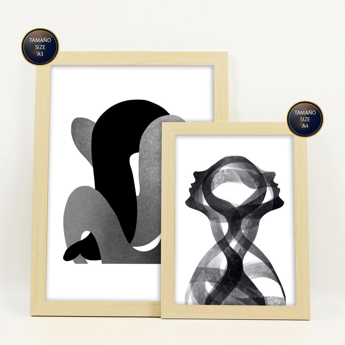 POSTER Set Mit 6 Bent Body Abstrakte Liebhaber Größe A3 & A4 Rahmen aus hellem Holz - Beige, Papier (29.7/1cm) - Nacnic
