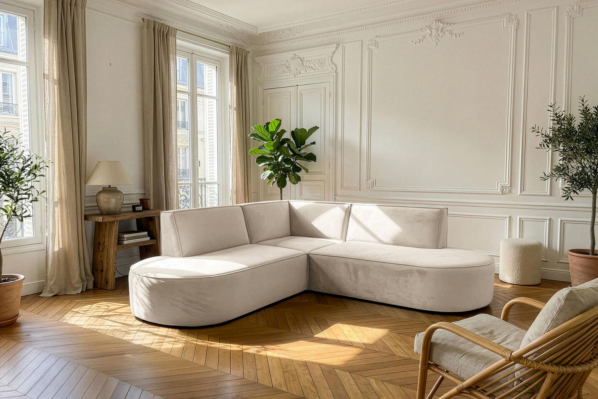 ECKSOFA Nora L-Form 3-Sitzer Universell, Samt, Beige 223/73/223 cm - Beige/Schwarz, Kunststoff/Textil (223/223cm) - WFL GROUP