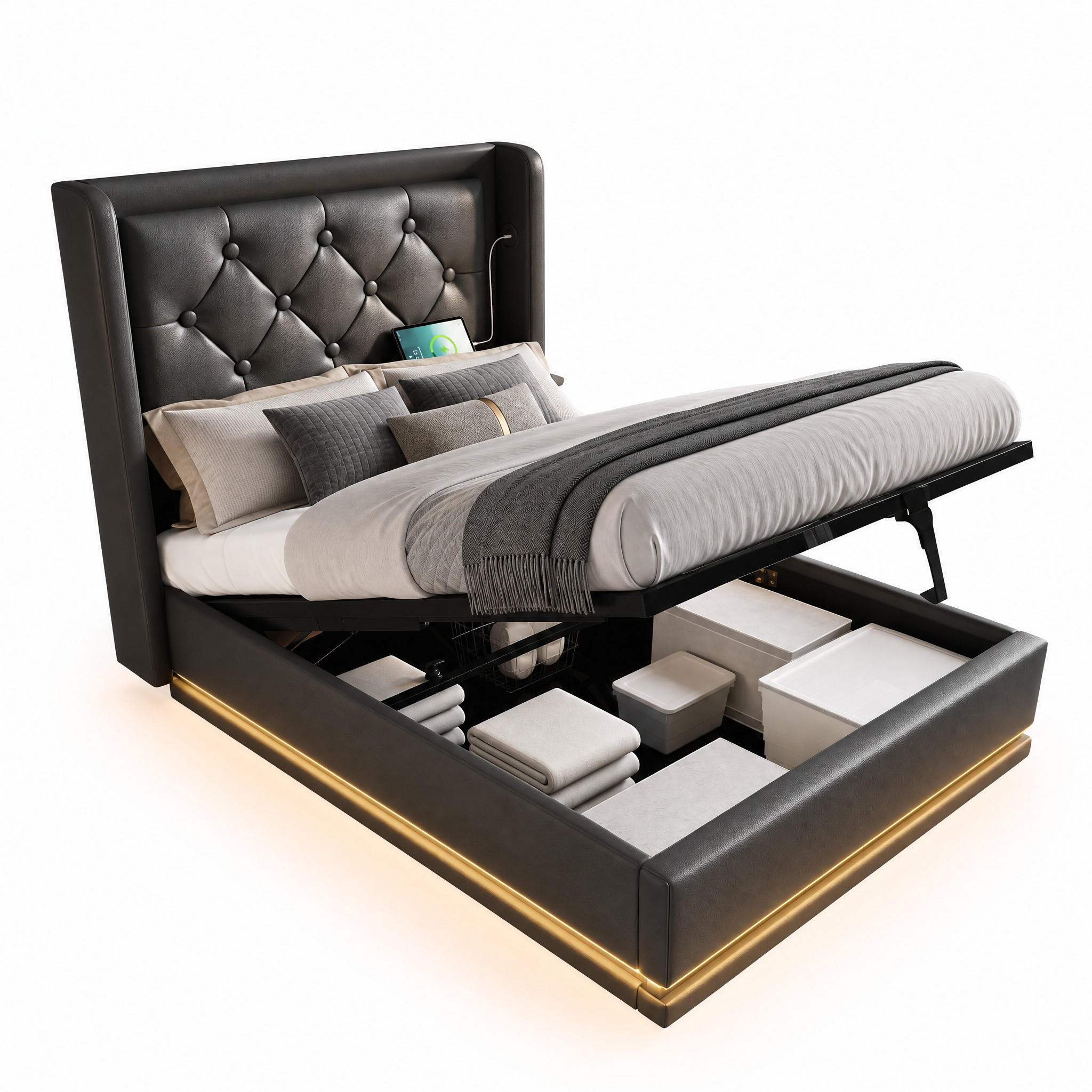 POLSTERBETT 90/200 cm in Schwarz mit Bettkasten, LED, USB und Type-C Kunstleder Design - Schwarz, Holzwerkstoff/Textil (90/200cm) - STILVORA
