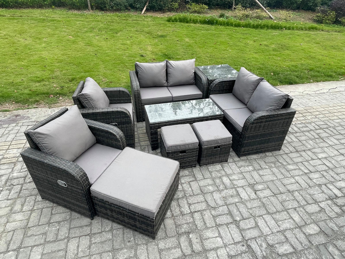 GARTENSOFA SET mit LIEGESTUHL Polyrattan 9-Sitzer Dunkelgrau - Dunkelgrau/Grau, Glas/Kunststoff - Fimous