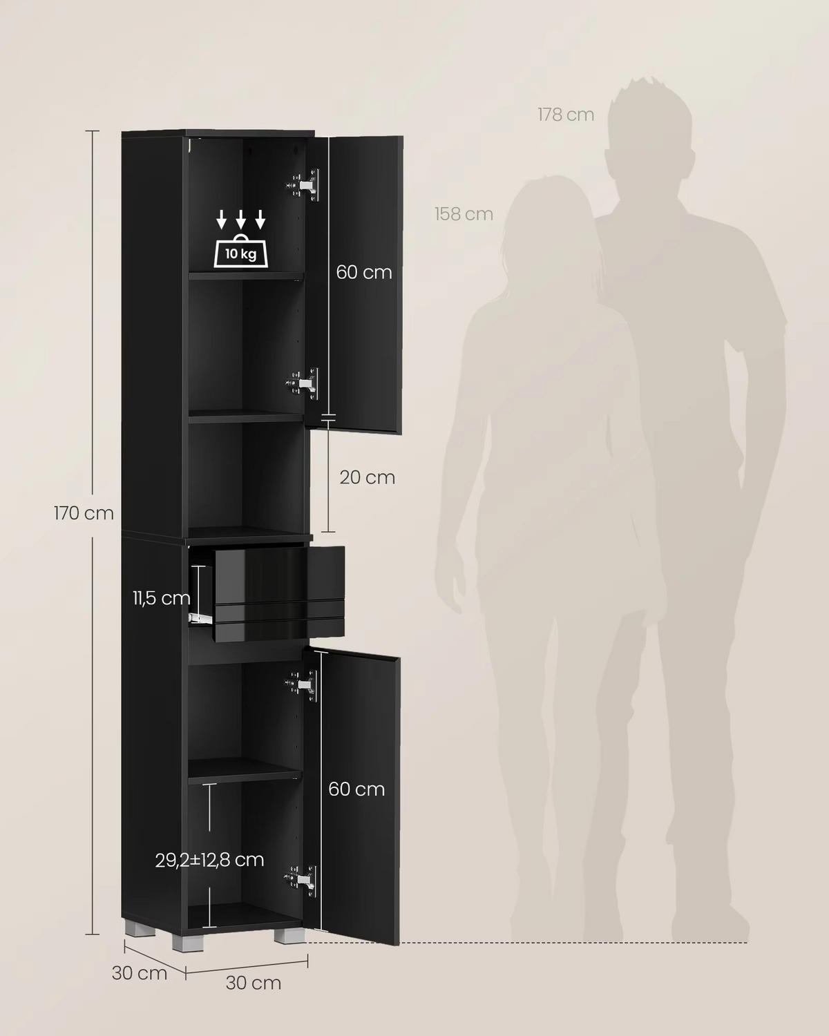 HOCHSCHRANK 30/170/30 cm offenes Fach Schublade Badschrank - Schwarz, Holz (30/170/30cm) - Coonoor