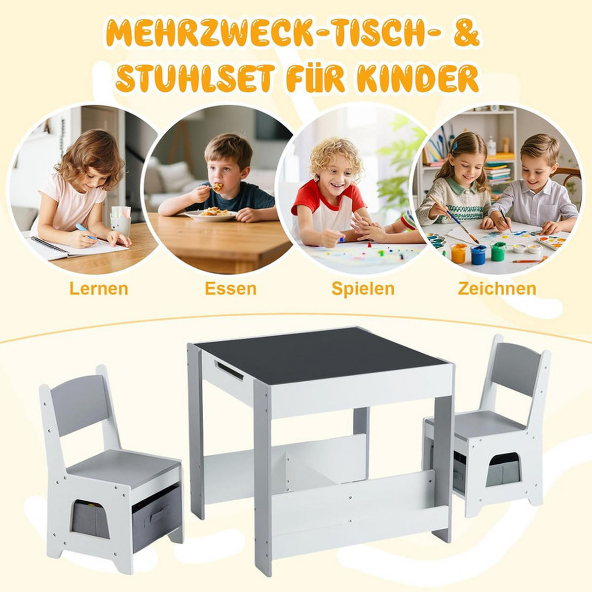 KINDERTISCH mit Stuhl hellgrau(3-tlg) - Hellgrau, Holzwerkstoff (62/56.5/62cm) - COSTWAY