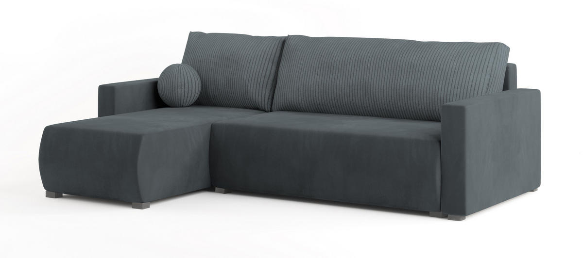 ECKSOFA SORGE Grau Plüsch-Stoff mit Schlaffunktion - Grau, Holz (220/143cm) - MASSENO
