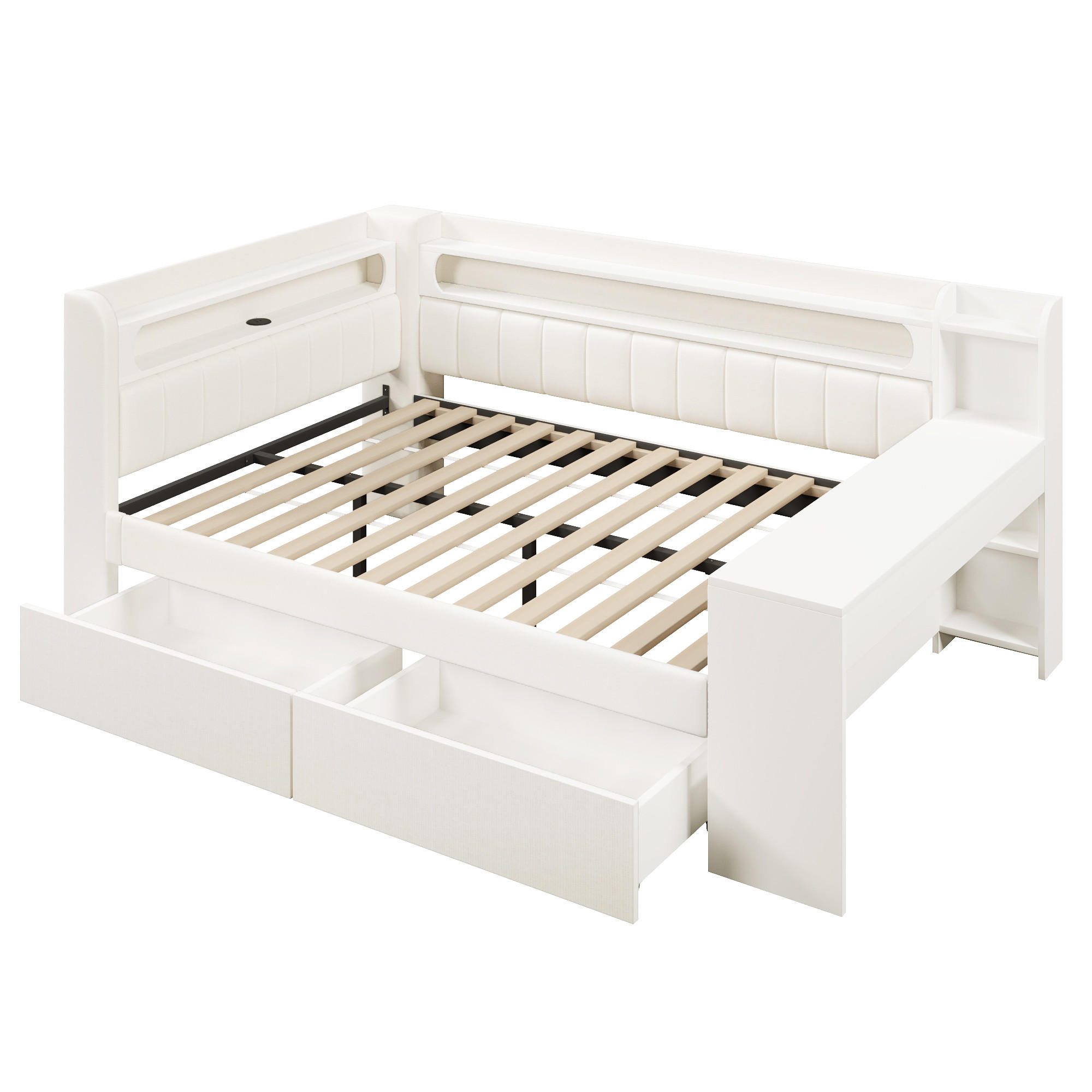 KINDERBETT 140/200 DE-03385, mit LED, Schreibtisch und 2 Schubladen, in Weiß - Weiß, Holzwerkstoff (140/200cm) - ComfortXL