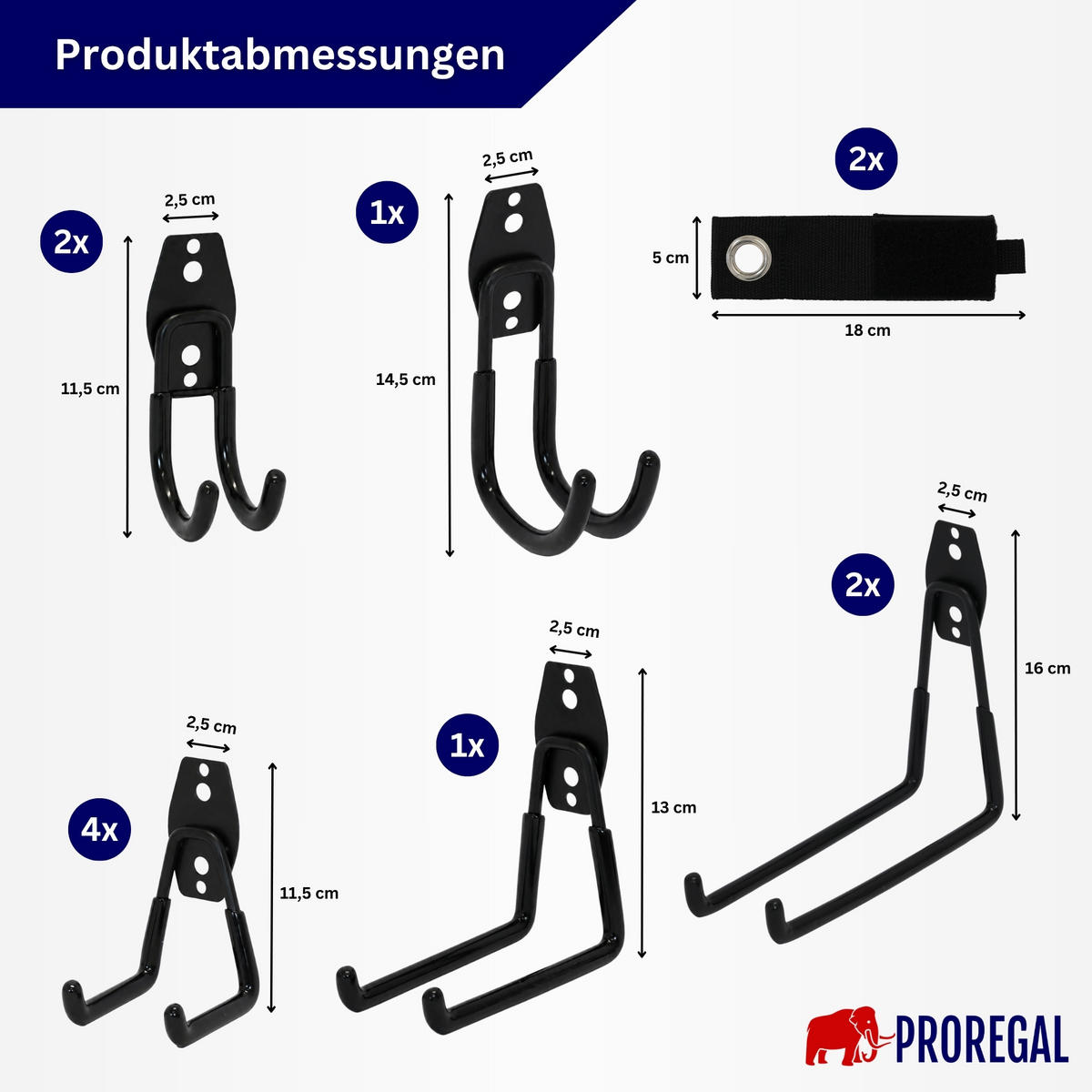 WANDHAKEN für Garage GRIT 12-teiliges Set Schwarz Gerätehaken Platzsparende Aufbewahrung - Schwarz, Metall (19/2.5/16cm) - PROREGAL