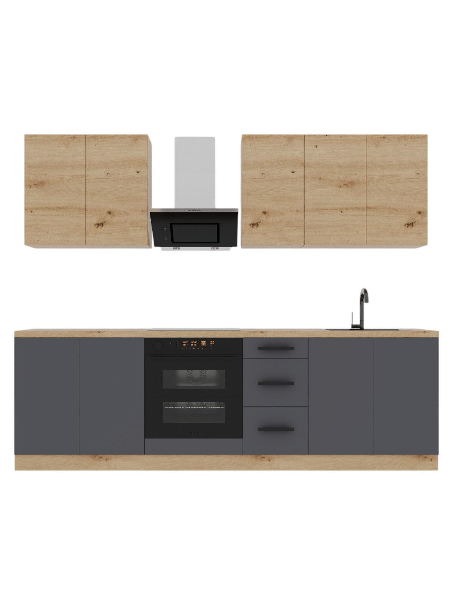 KÜCHENZEILE 260 cm – Nexa K97-G260 – in Grau & Woodline / Matt - Schwarz/Eiche Artisan, Holz/Metall (260/212/58cm) - ROYAL24_MARKT