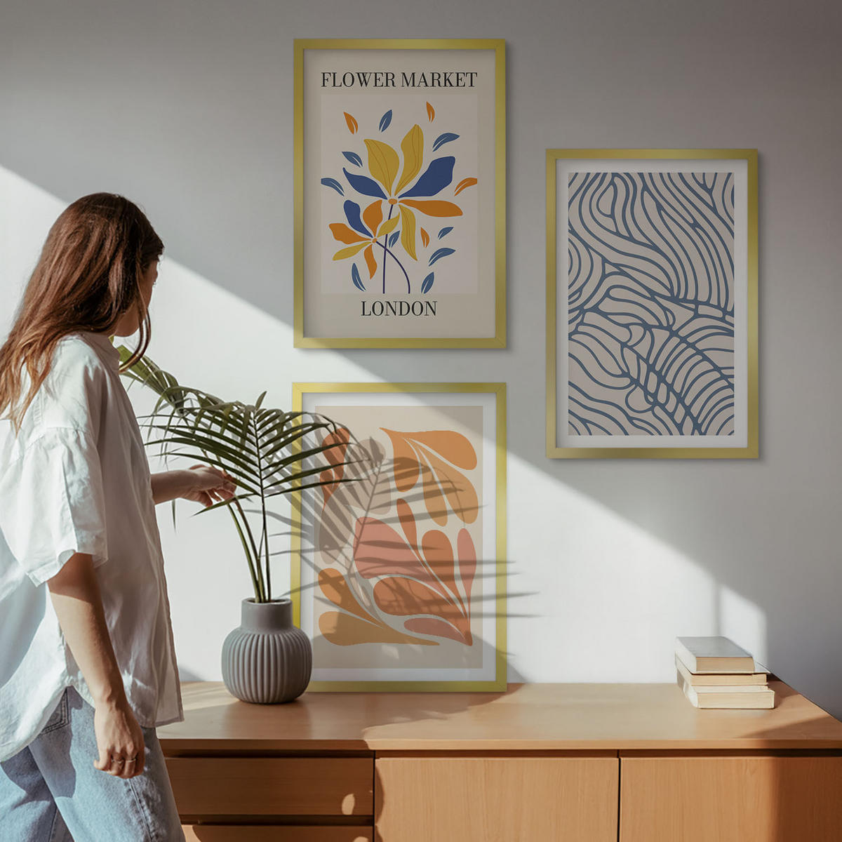 WANDBILDER 3er Set - 40x60 cm Goldrahmen - Moderne abstrakte Blumen - Goldfarben, Kunststoff (40/60cm) - ArtPrintCave
