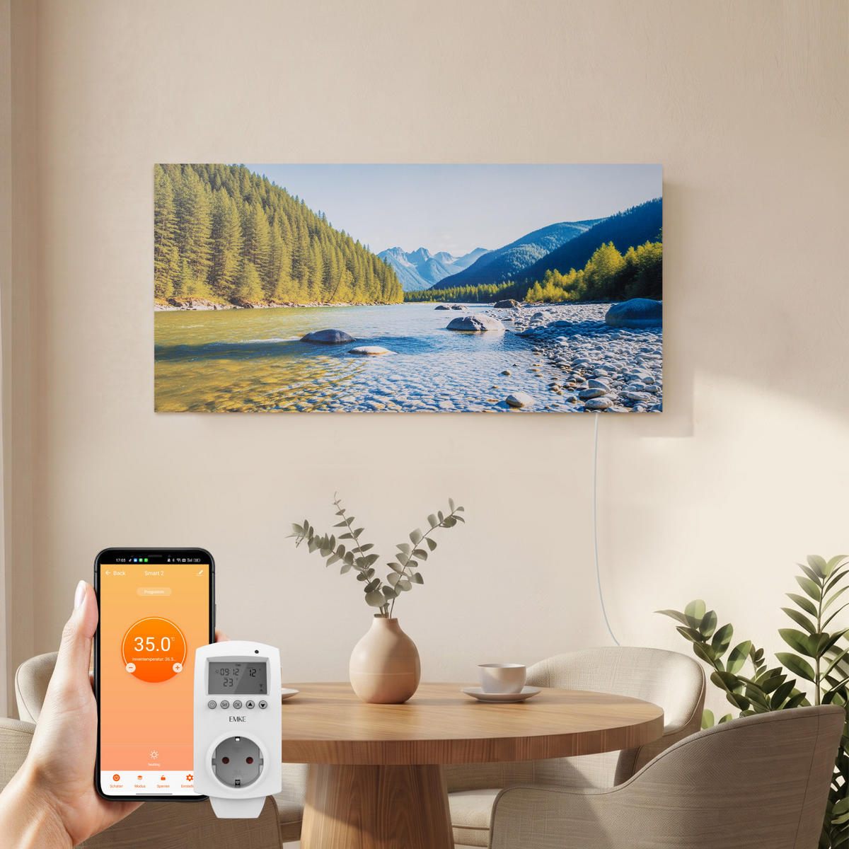 WANDKONVEKTOR Elektrisch mit modernem Landschaftsmotiv, WLAN App Steuerung, Thermostat, 119,5/59,5/1,8 cm - Weiß, Kunststoff/Metall (119.5/59.5/1.8cm) - EMKE