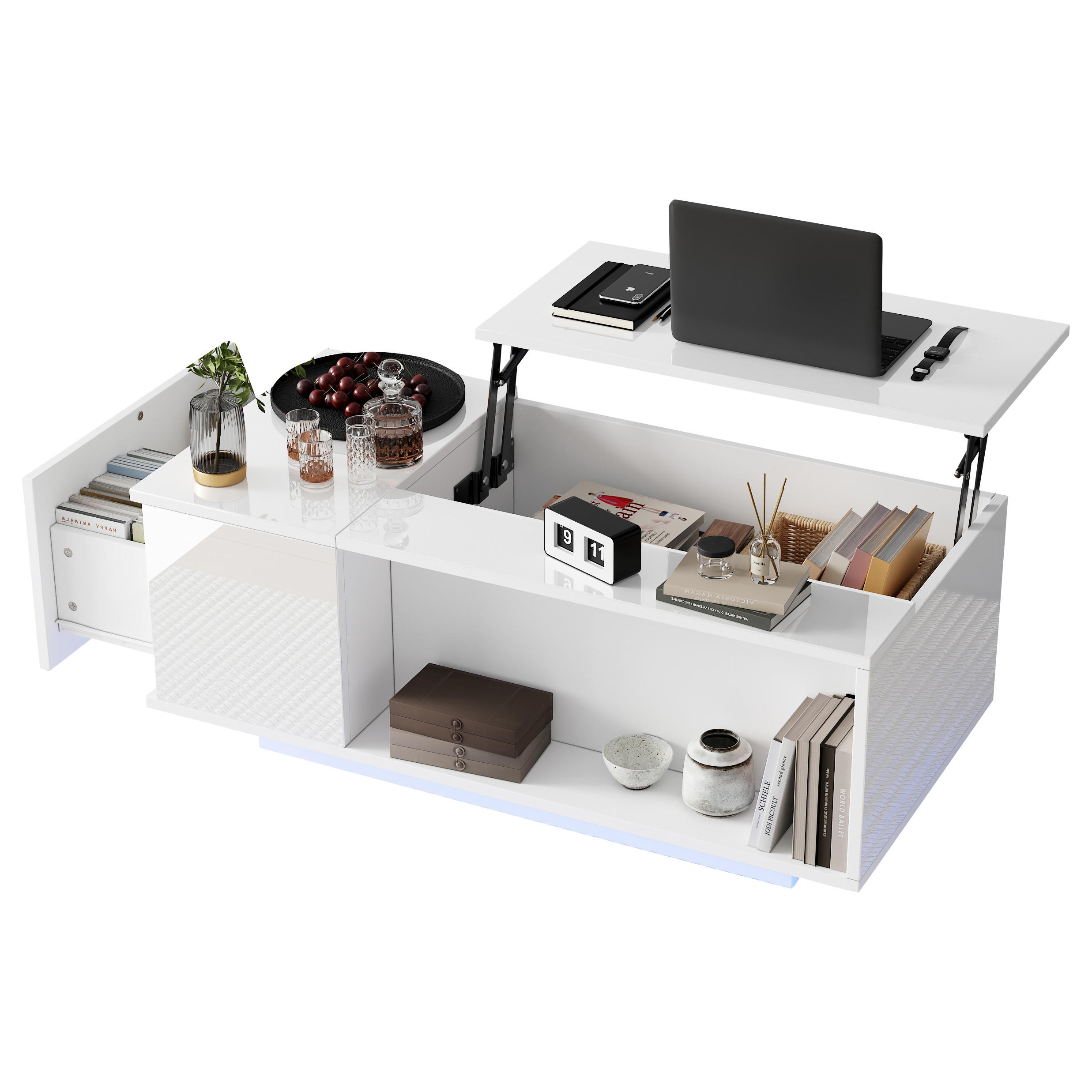 COUCHTISCH, höhenverstellbar mit hydraulischem Hub, Stauraum & LED-Bluetooth, Weiß Hochglanz, 100/50/40 cm,Weiß - Weiß, Holzwerkstoff (50/100/40cm) - Redom