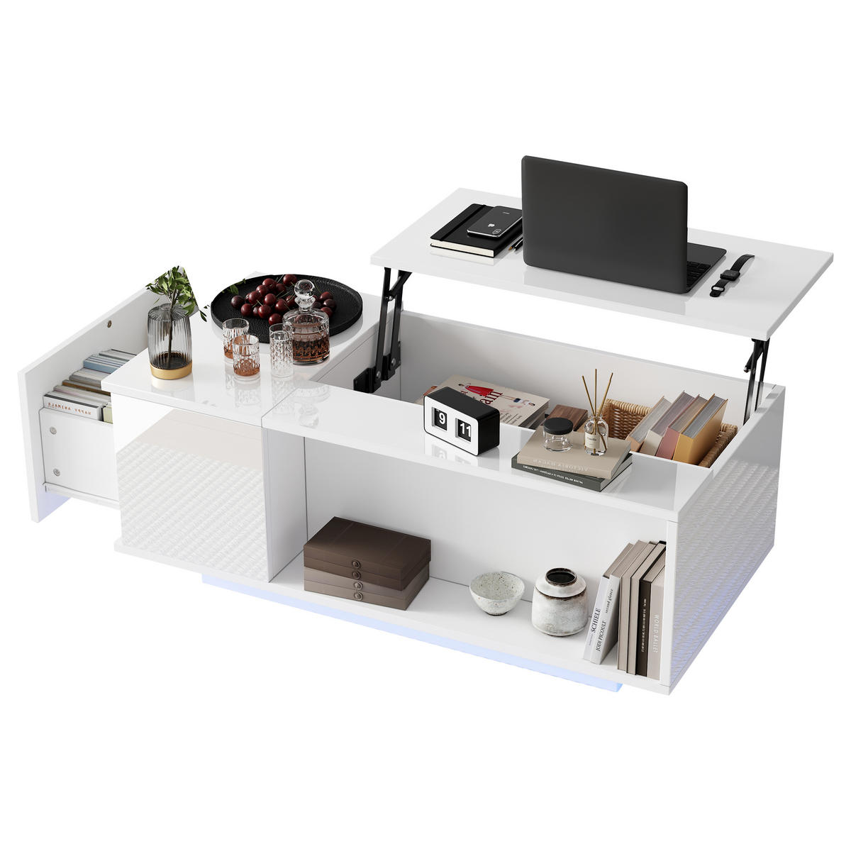 COUCHTISCH 100/50/40 cm höhenverstellbar mit verstecktem Stauraum und LED-Licht - Weiß, Holzwerkstoff (100/50/40cm) - OKWISH